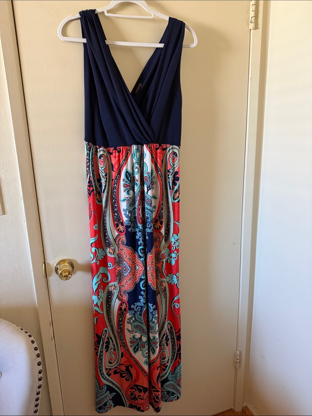 Sleeveless Navy and Coral Paisley Maxi Dress